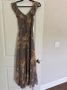 fab'rik Taupe Floral Ruffle Maxi Dress